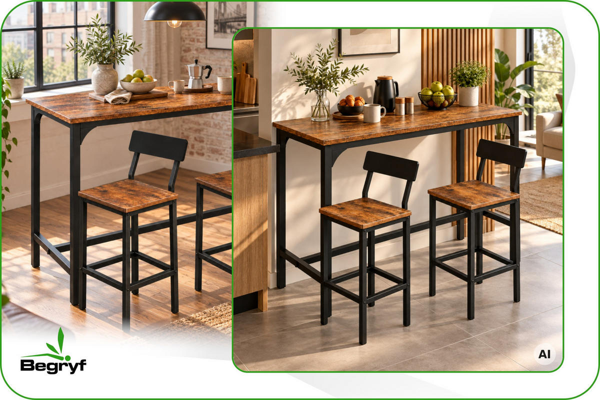 BARTISCH mit 2 Barstühlen mit Rückenlehne 3-teiliges Set Industrial Rustikal Braun Schwarz 108x50x90 cm - Dunkelbraun/Schwarz, Holzwerkstoff/Metall (108/90/50cm) - Begryf