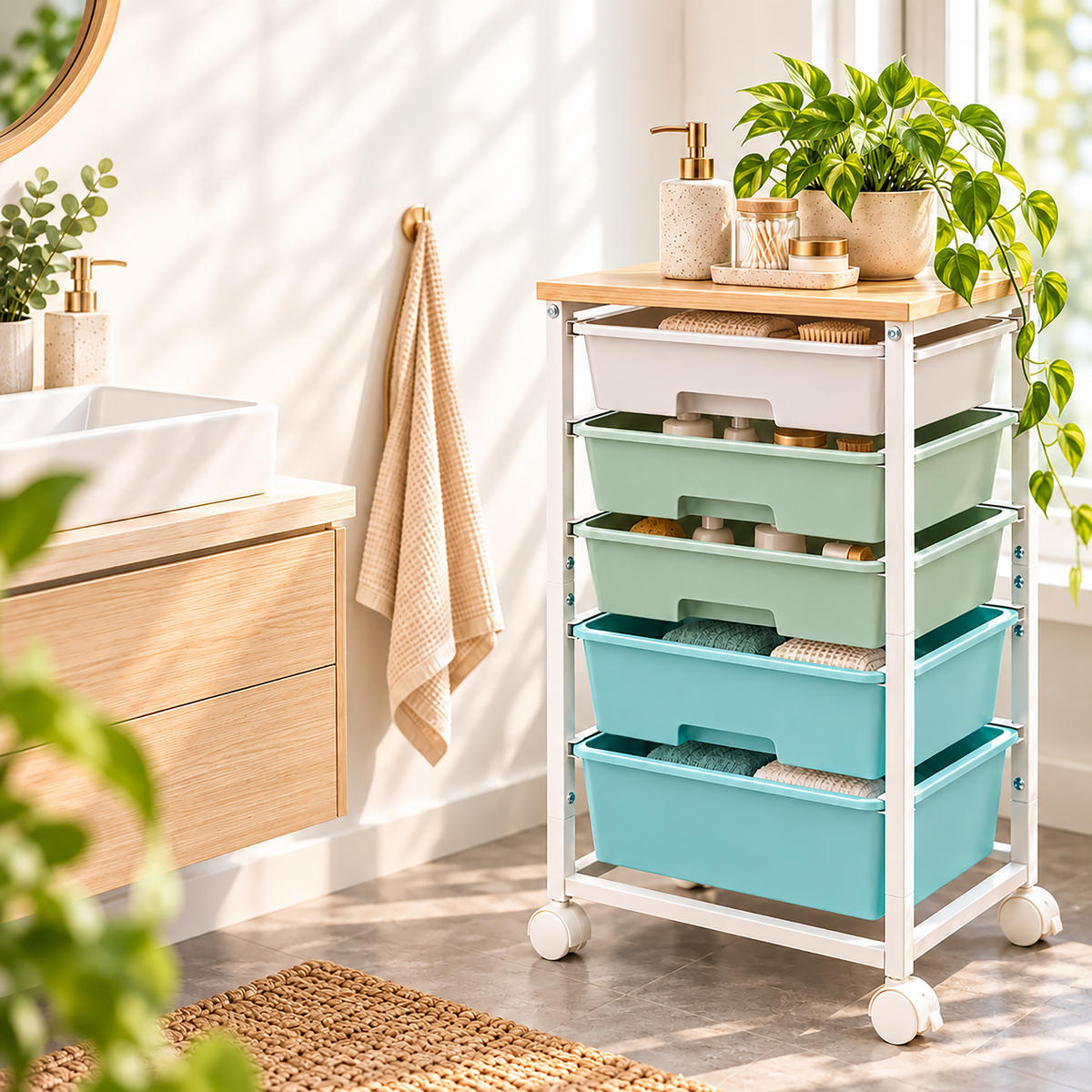 ROLLWAGEN Grün 5-Schubladen - Multicolor, Holzwerkstoff/Kunststoff (38.5/77/28.5cm) - Relaxdays