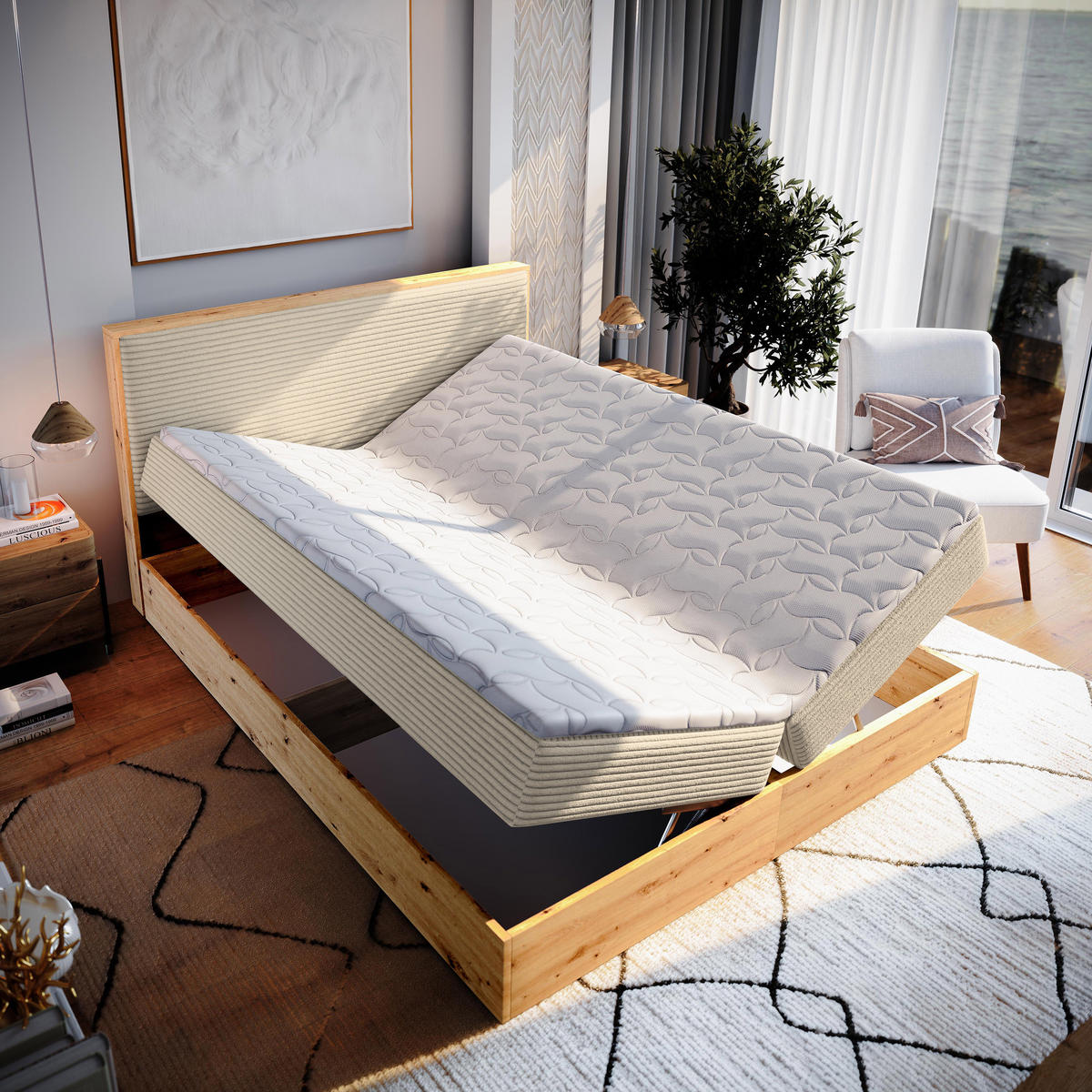 BOXBETT VERDON 160x200 cm mit Matratze und Topper - Creme - Creme, Holz (160/200cm) - MASSENO