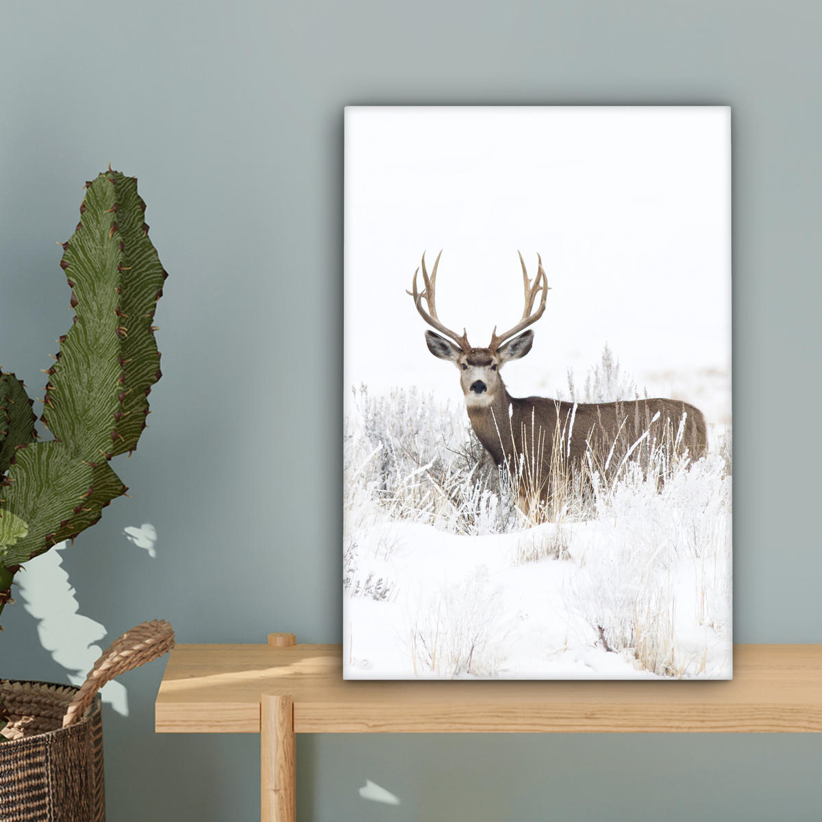 LEINWANDBILD Hirsche - Winter - Schnee - Tiere - Jahreszeiten - Weiß 20x30 cm - Hellbraun, Textil (20/30cm) - MuchoWow