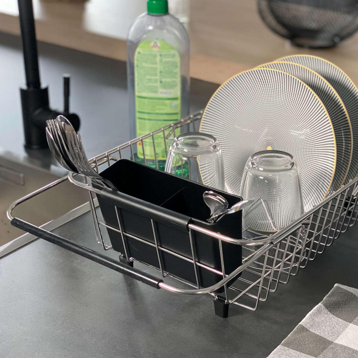 GESCHIRRABTROPF-GESTELL mit Besteckhalter - Silberfarben, Metall (27.5/10.5/38cm) - Intirilife