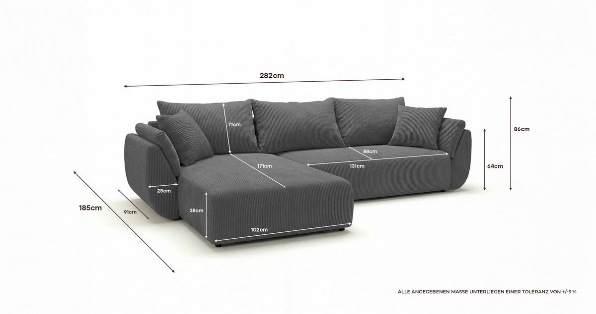 ECKSOFA SYDNEY rechts weiß Cord Poso 100 - Schlaffunktion, Bettkasten - Weiß, Textil (174/280cm) - Cornero