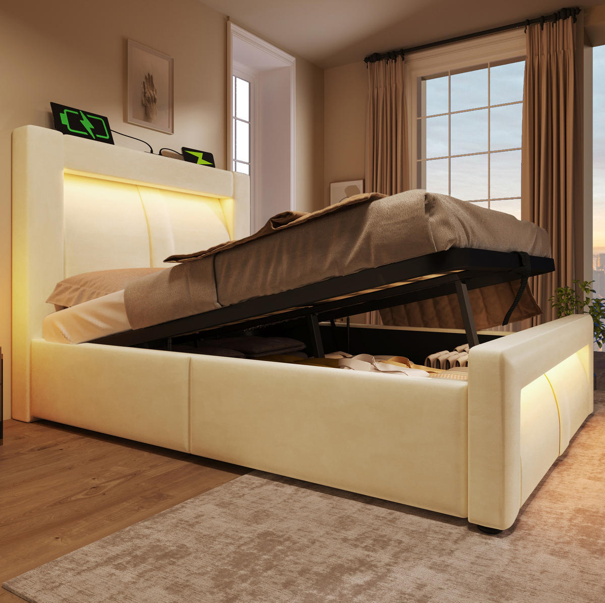 POLSTERBETT 90/200 cm Beige mit Stauraum, LED-Beleuchtung und Matratze - Beige, Textil (90/200cm) - Flora Grace