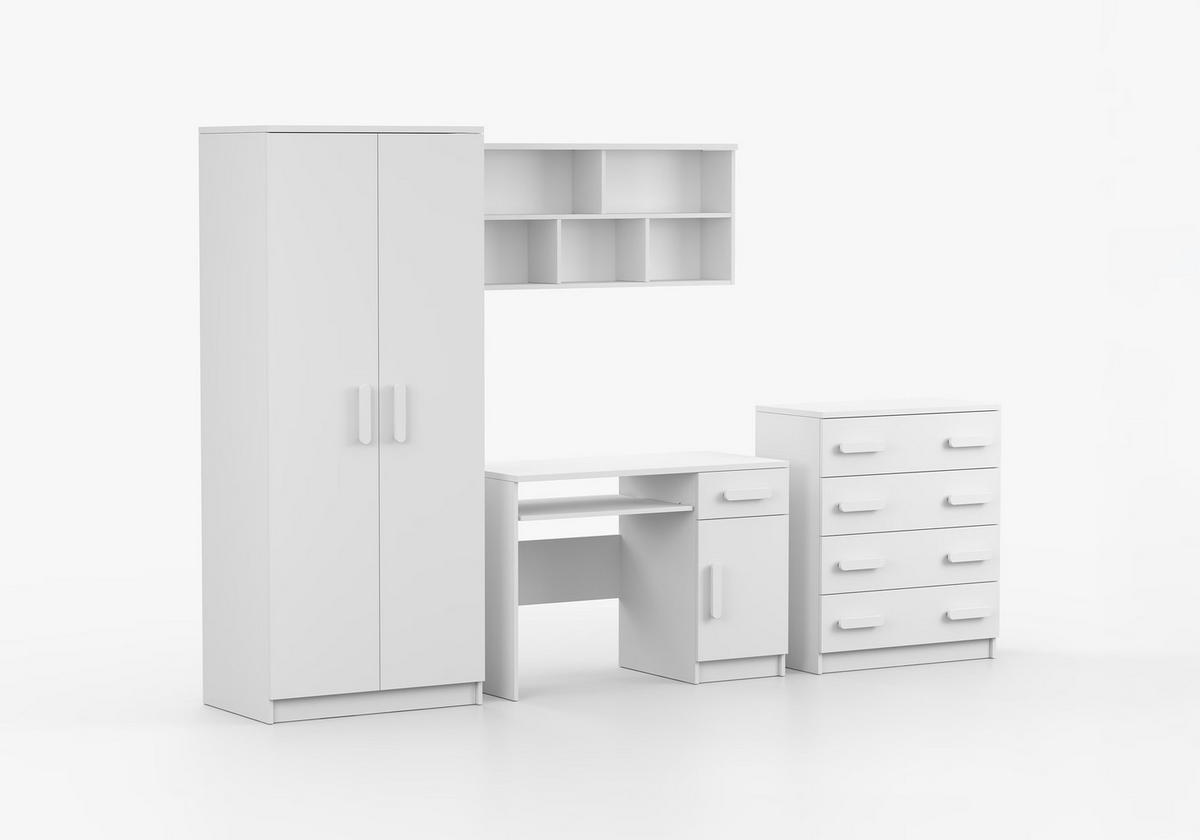 JUGENDZIMMER Elora in Weiß – 4-teiliges Set mit Schreibtisch, Kommode, Wandregal und Schrank – Grifffarbe Weiß - Weiß, Holzwerkstoff (80/200/120cm)