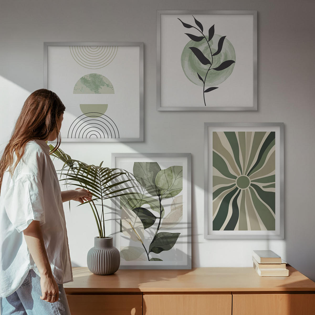 BILDER SET 4er Set - 50x50 cm & 40x60 cm Silberner Rahmen - Geometrische Pflanzenformen - Silberfarben, Kunststoff (50/50cm) - TULUP