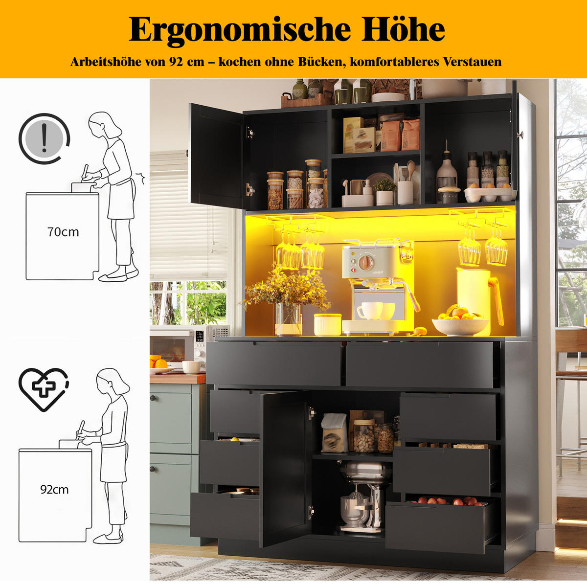 HOCHSCHRANK LED 120x40x183.5Cm 8 Schubladen Schwarz - Schwarz, Holzwerkstoff (120/183.5/40cm) - FLIEKS