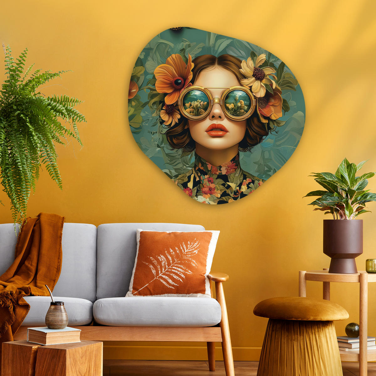 WANDBILD Frau - Blumen - Schmetterlinge - Natur - Vintage 90x90 cm - Petrol, Kunststoff (90/90cm) - MuchoWow