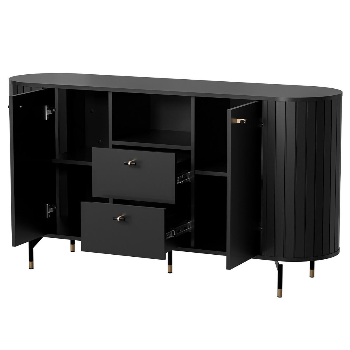 KOMMODE Zalia mit 2 Türen und 2 Schubladen, 150 cm, im Retro-Stil, Schwarz - Schwarz, Holzwerkstoff (150/81/40cm) - Beautysofa
