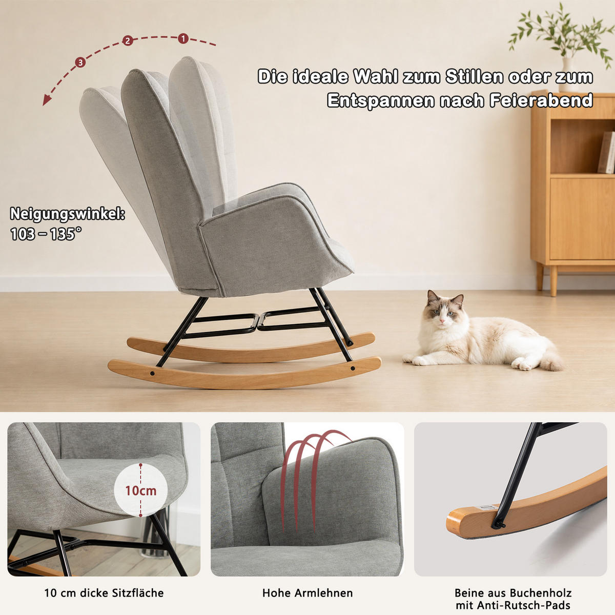 RELAXSESSEL für den Garten mit Schaukelfunktion, Ergonomische Sitzfläche aus weichem Stoff, Grau - Grau, Holz/Textil (66/97/84cm) - Meubles Cosy