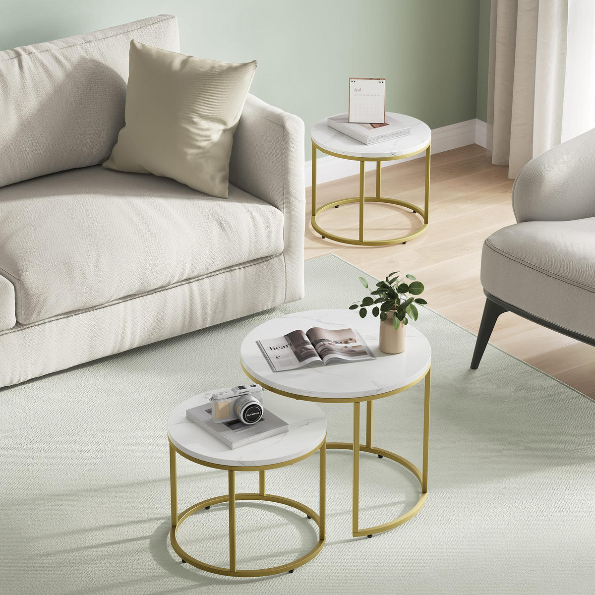 COUCHTISCH 2er Set rund marmor - Goldfarben, Holzwerkstoff (53/53/45cm) - Mat-Haus