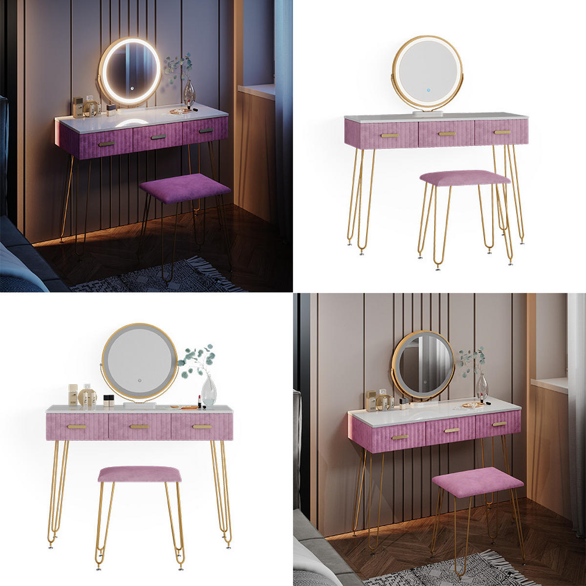 SCHMINKTISCH Layla Rosa 100 cm mit LED Beleuchtung und Hocker - Pink, Holzwerkstoff (100/79/40cm) - Vicco