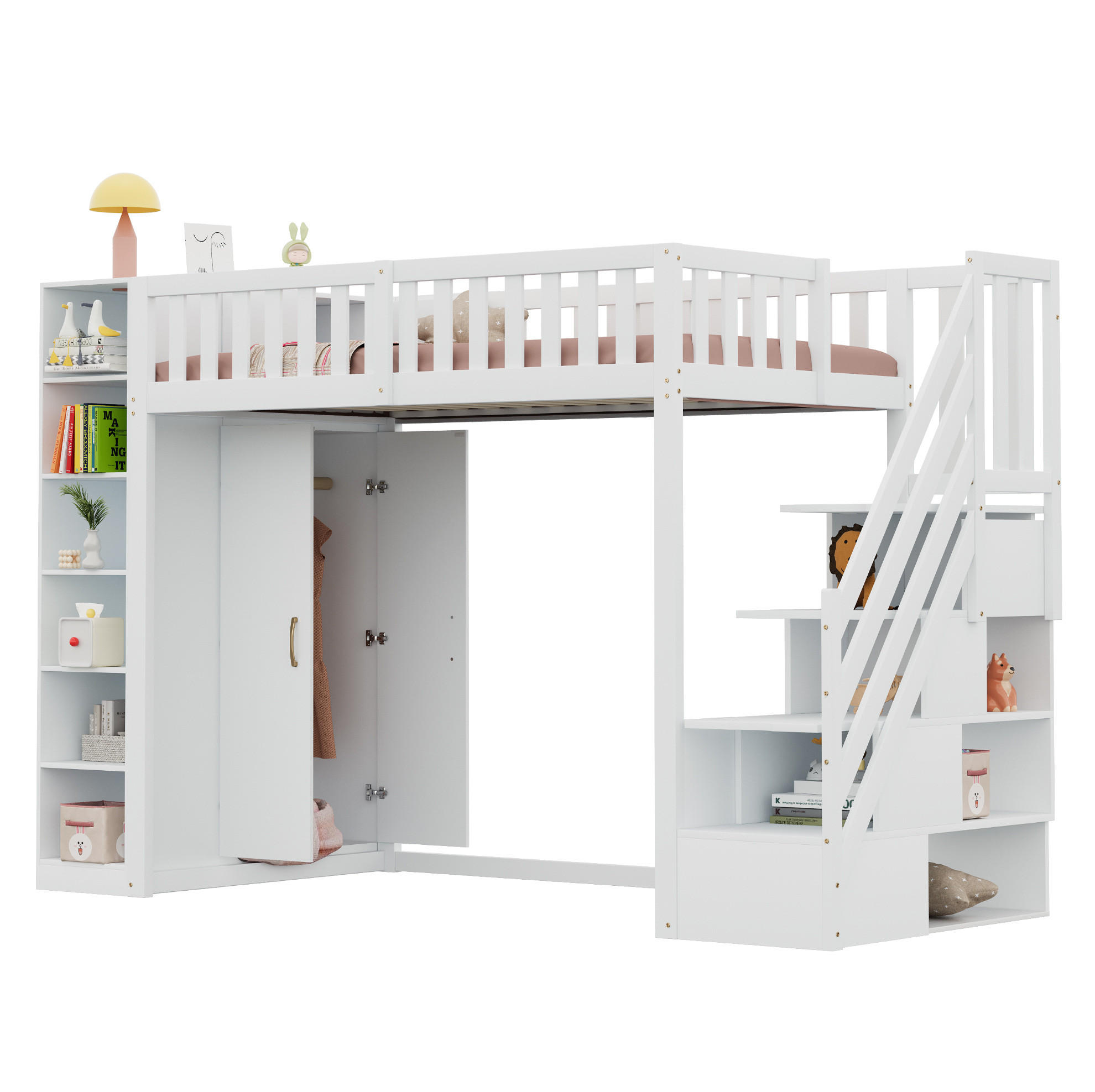 HOCHBETT 90/200 cm in Weiß mit Leiter, Kleiderschrank und Stauraum - Weiß, Holzwerkstoff (90/200cm) - BEAOK