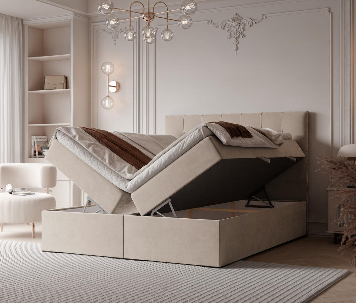 BOXBETT IMPERIAL 160/200 cm, in Creme, mit Matratze und Topper - Creme, Holzwerkstoff/Textil (160/200cm) - Idohome