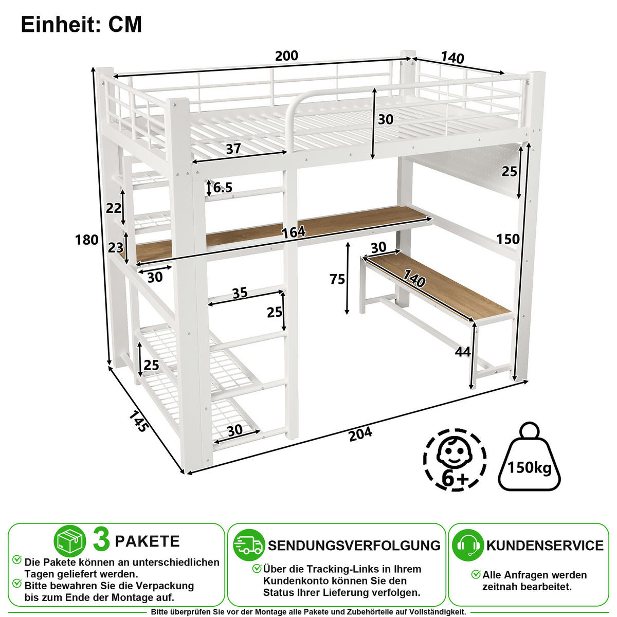 HOCHBETT 140/200 cm in Weiß mit LED, Ablagen und Stauraum - Weiß, Holzwerkstoff/Metall (140/200cm) - CHICFURN