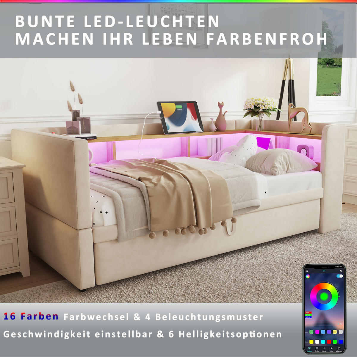 POLSTERBETT 90/180 cm Beige Ausziehbett mit LED-Beleuchtung Steckdosen und Ablagefächern - Beige, Textil (90/190cm) - OKWISH