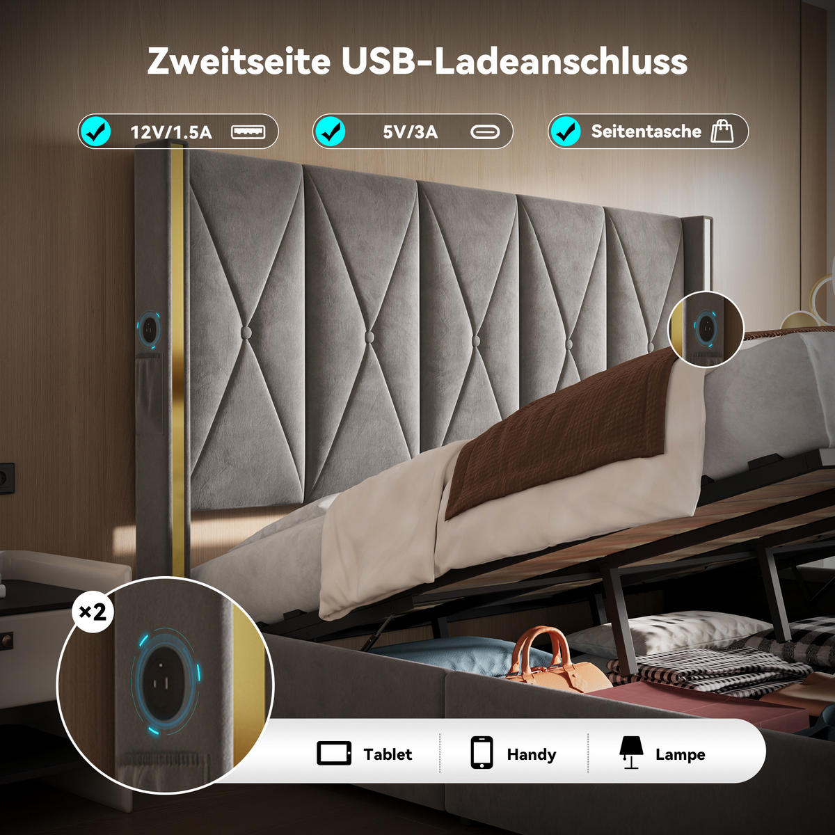 POLSTERBETT 180/200 cm in Dunkelgrau Samt mit Bettkasten, LED und USB - Dunkelgrau, Holzwerkstoff/Textil (180/200cm) - WISHDOR