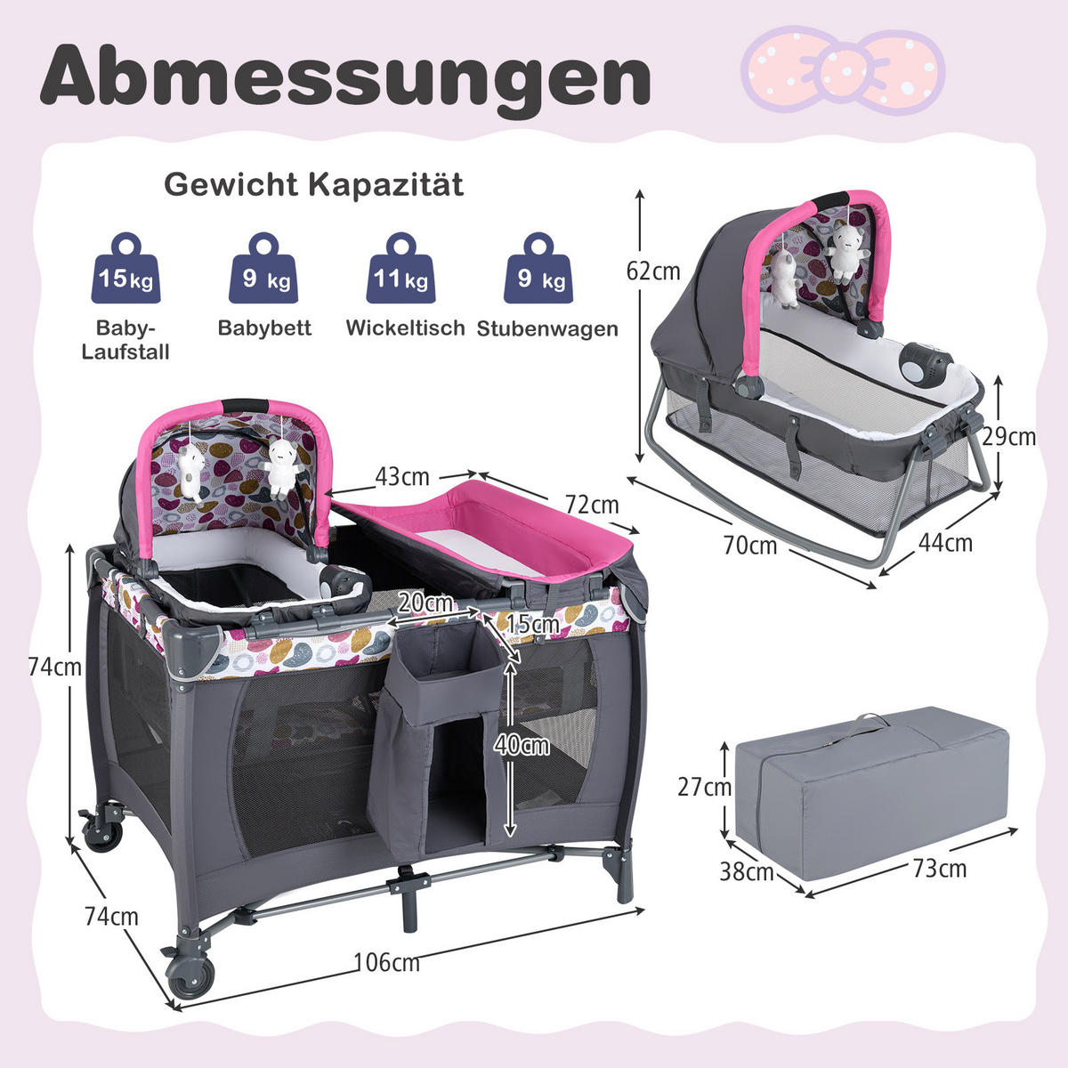 BABYBETT mit Matratze rosa - Pink, Textil - COSTWAY