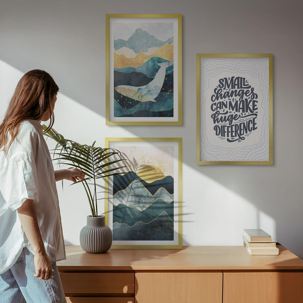 BILDER SET 3er Set - 40x60 cm Goldrahmen - Abstrakte Berginspiration - Goldfarben, Kunststoff (40/60cm) - TULUP