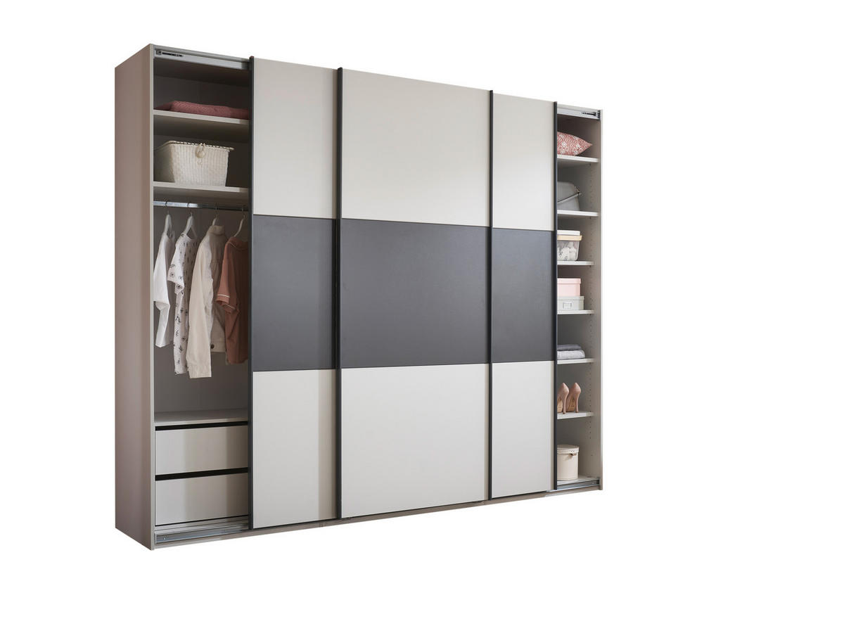 SCHWEBETÜRENSCHRANK Metrino in Hellgrau und Graphit – Kleiderschrank, Stauraum mit Softclose und Hoteleinteilung - Weiß, Holzwerkstoff (270/225/62cm) - Schlafkontor GmbH & Co. KG