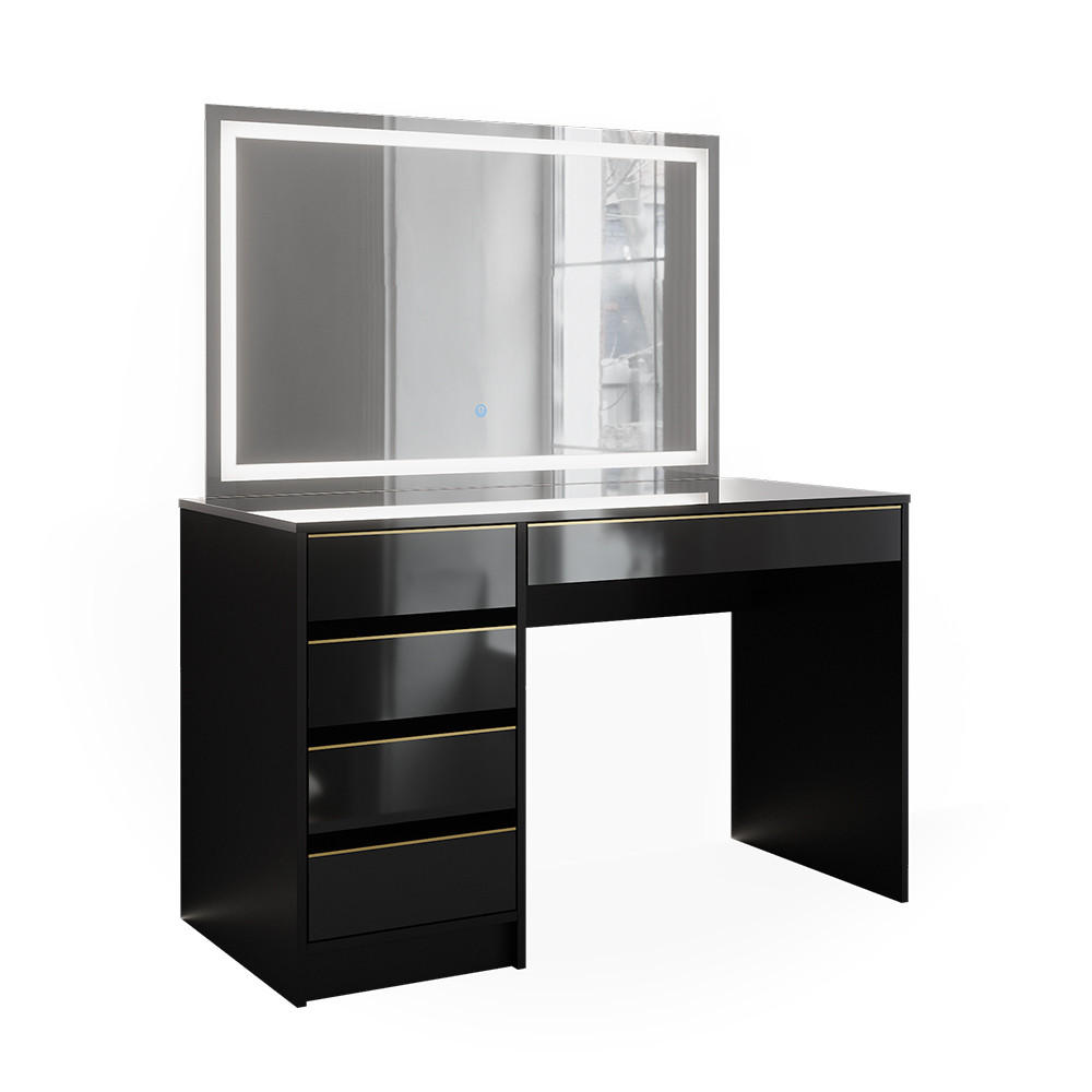 SCHMINKTISCH Sherry Schwarz/Gold 120 cm mit LED-Spiegel - Goldfarben/Schwarz, Holzwerkstoff (120/75/55cm) - Vicco