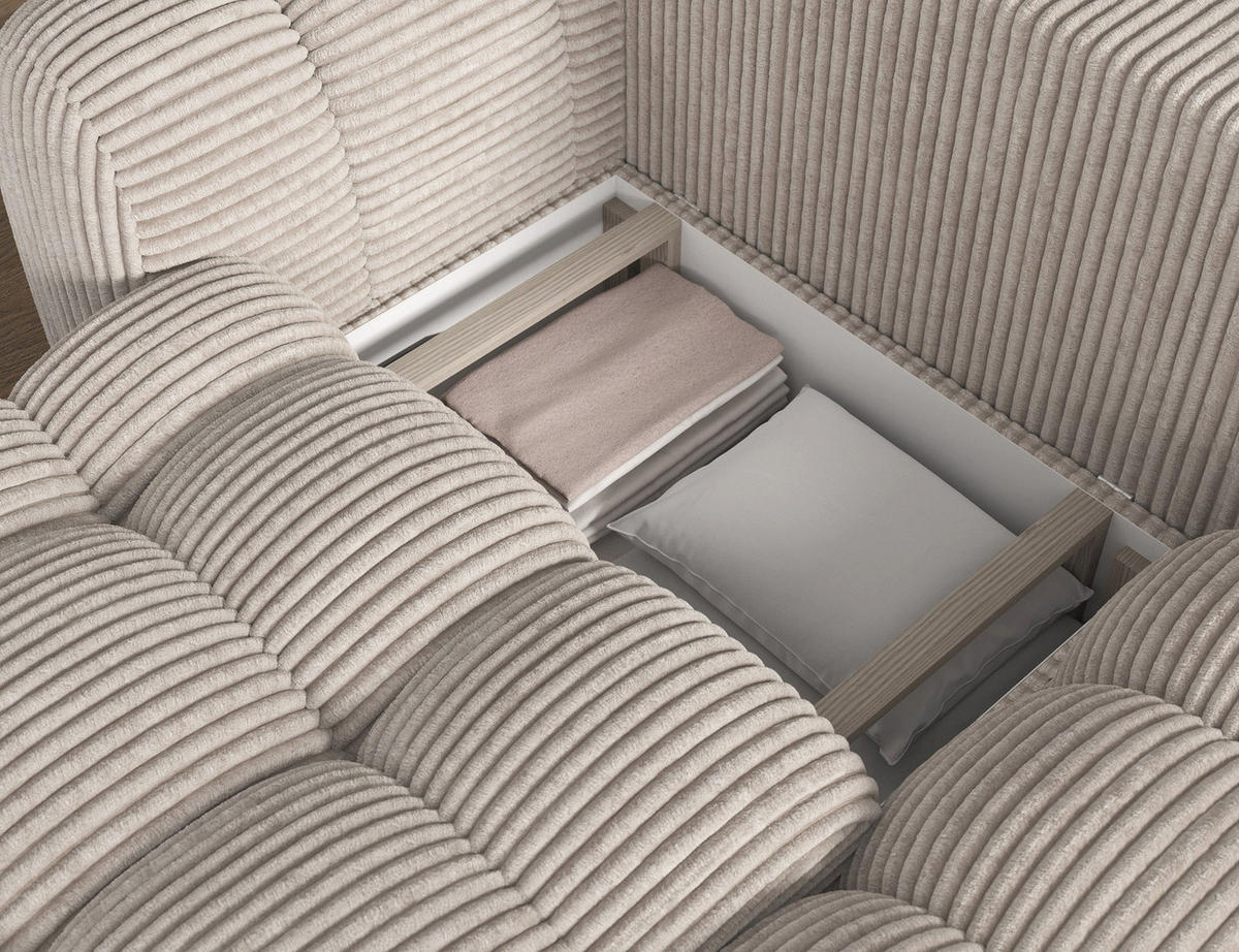 ECKSOFA COVELION L-Form – Schlaffunktion, Bettkasten, Wellenfederung, HR-Kaltschaum, inkl. Kissen, moderner Wohnkomfort - Champagner, Kunststoff (167/260cm) - Wohnideebilder