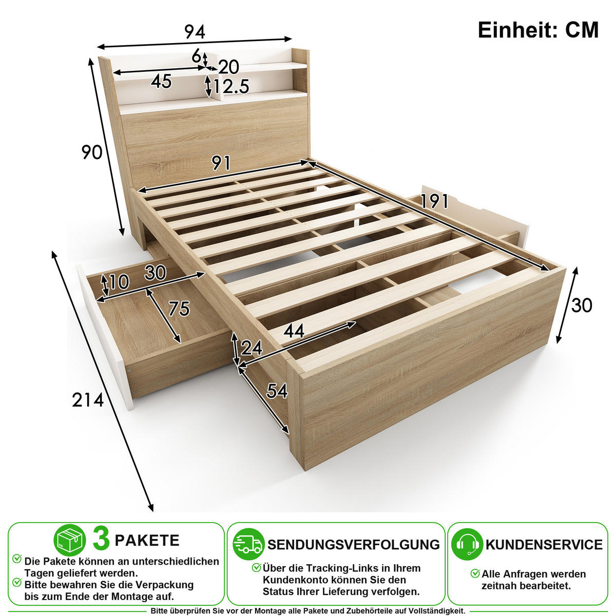 BETT 90/190 cm in Weiß & Eiche mit 2 Schubladen und Regal - Eichefarben/Weiß, Holz/Holzwerkstoff (90/190cm) - CHICFURN