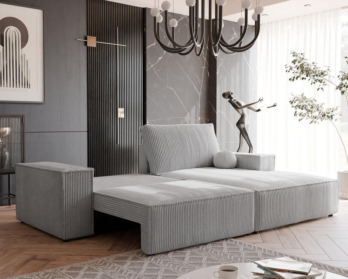 ECKSOFA HUGO Rechts, mit Schlaffunktion und Bettkasten, Hellgrau - Hellgrau, Textil (255/148cm) - Idohome
