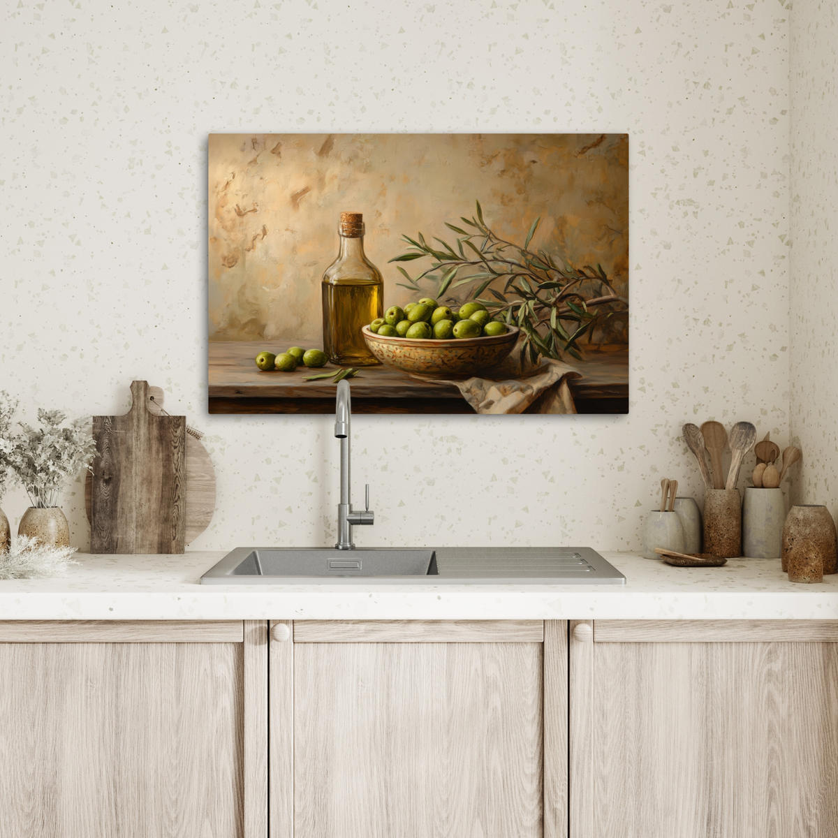 LEINWANDBILD Oliven - Stilleben - Vintage Gemälde 60x40 cm - Olivgrün, Textil (60/40cm) - MuchoWow