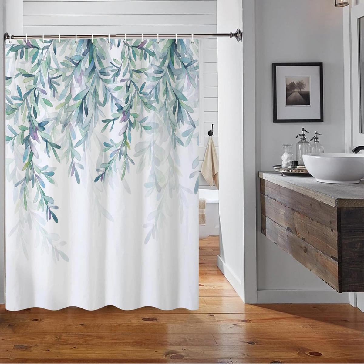 DUSCHVORHANG Eukalyptus Blätter Grün Aquarell Pflanze fürs Badezimmer wasserdicht Polyester - Weiß, Textil (180/3cm) - MCBOSON