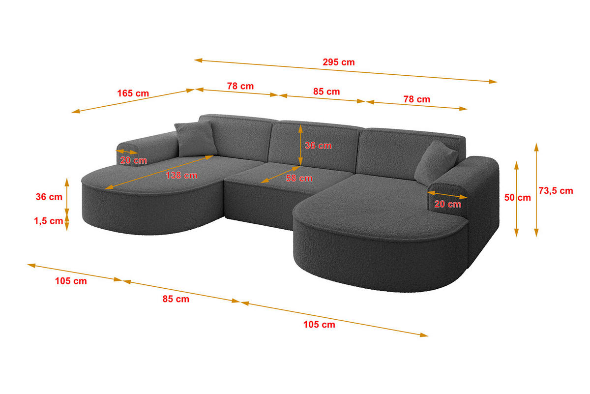 WOHNLANDSCHAFT MARI-U1 - 295x163x73,5 cm Grau Bouclé - Schwarz/Grau, Holzwerkstoff/Kunststoff (295/73.5/163cm) - ALTDECOR