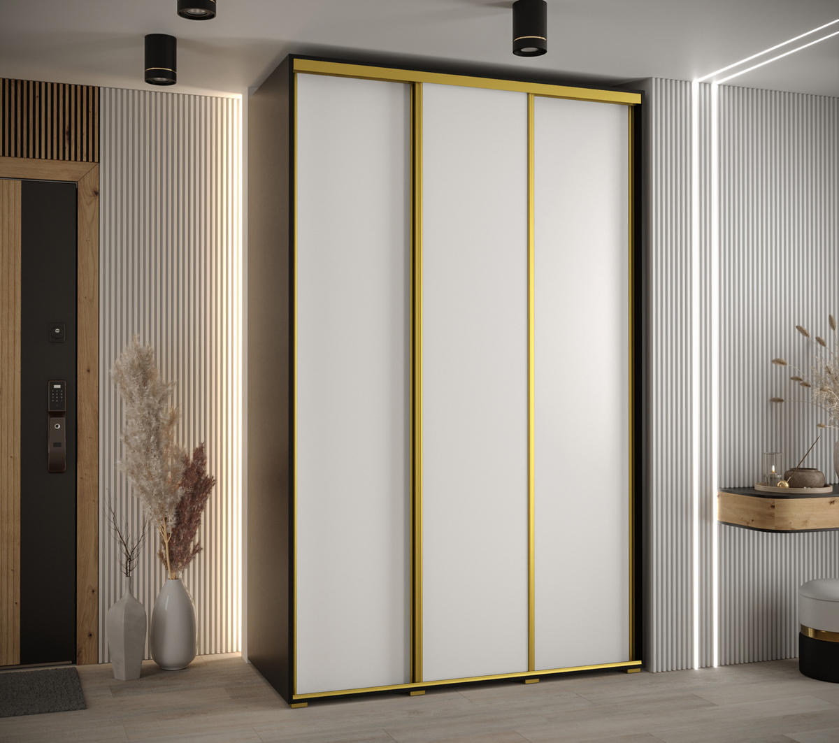 SCHWEBETÜRENSCHRANK 235,2/150/60 3-türig - Goldfarben/Schwarz, Holz/Metall (150/235/60cm) - Abiks Möbel