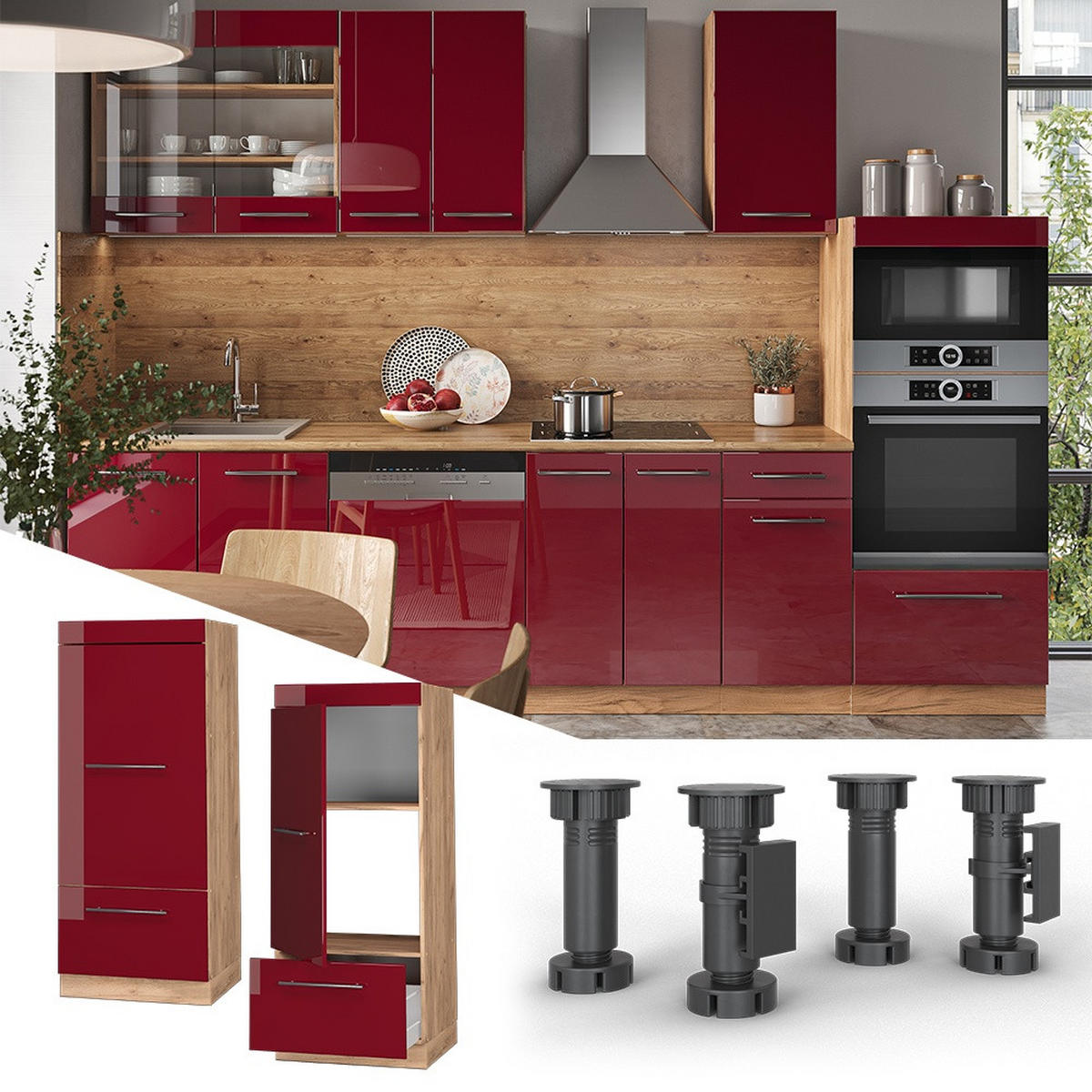 KUHINJSKA OMARICA ZA MIKROVALOVNO PEČICO Fame-Line Bordo rdeča barva visokega sijaja 60 cm - bordo/medeni hrast, leseni material (60/153.6/58.1cm) - Vicco