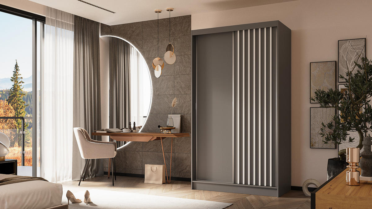 KLEIDERSCHRANK mit furnierten Schiebetüren und Aluminium-Leisten, LED-Beleuchtung - LABELO - 120 cm Grau+Grau+Weiß - Weiß/Grau, Holzwerkstoff (120/216/61cm) - ALTDECOR
