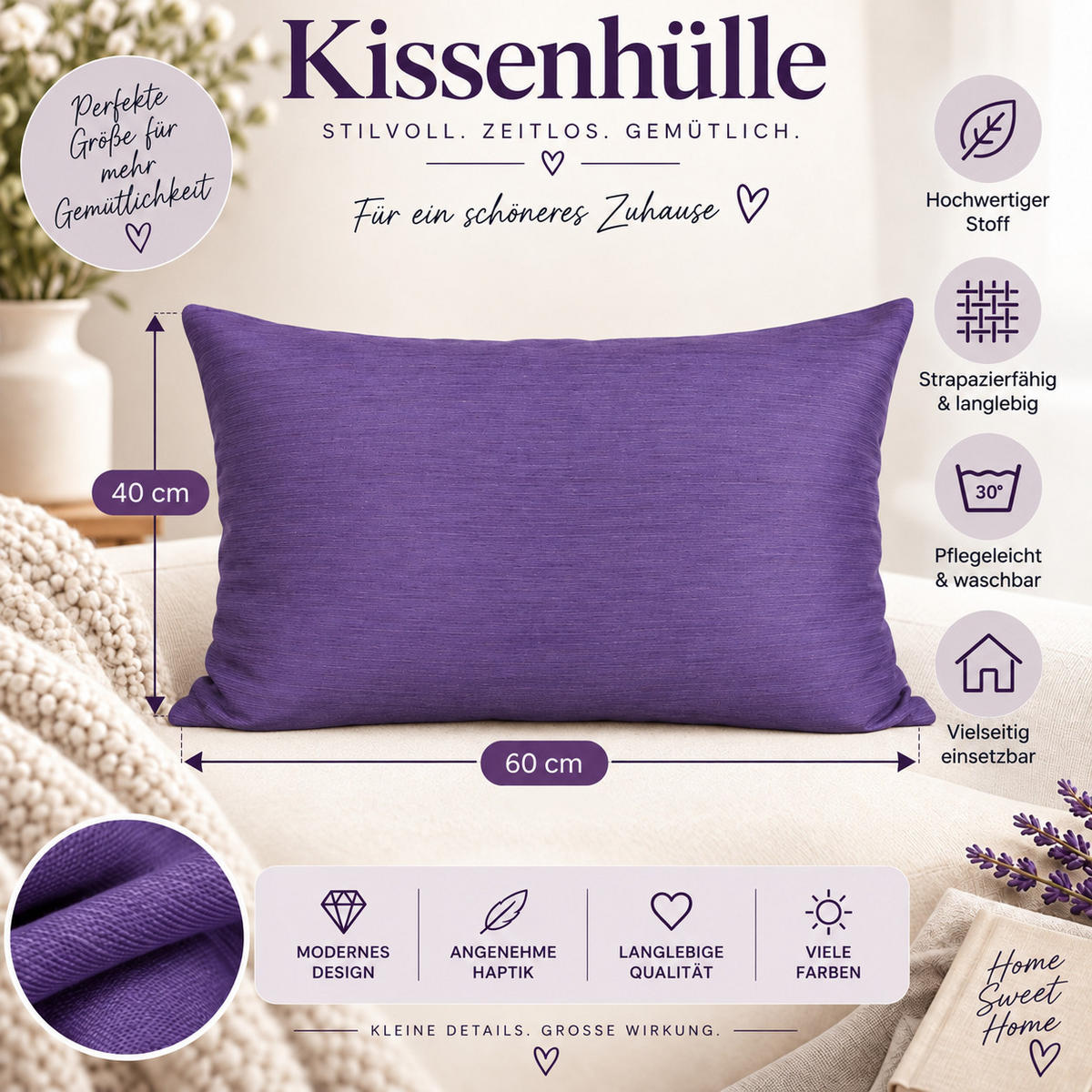 KISSENBEZUG Canada 40/60 cm meliert Lila - Lila, Textil (40/60cm) - TiborTex