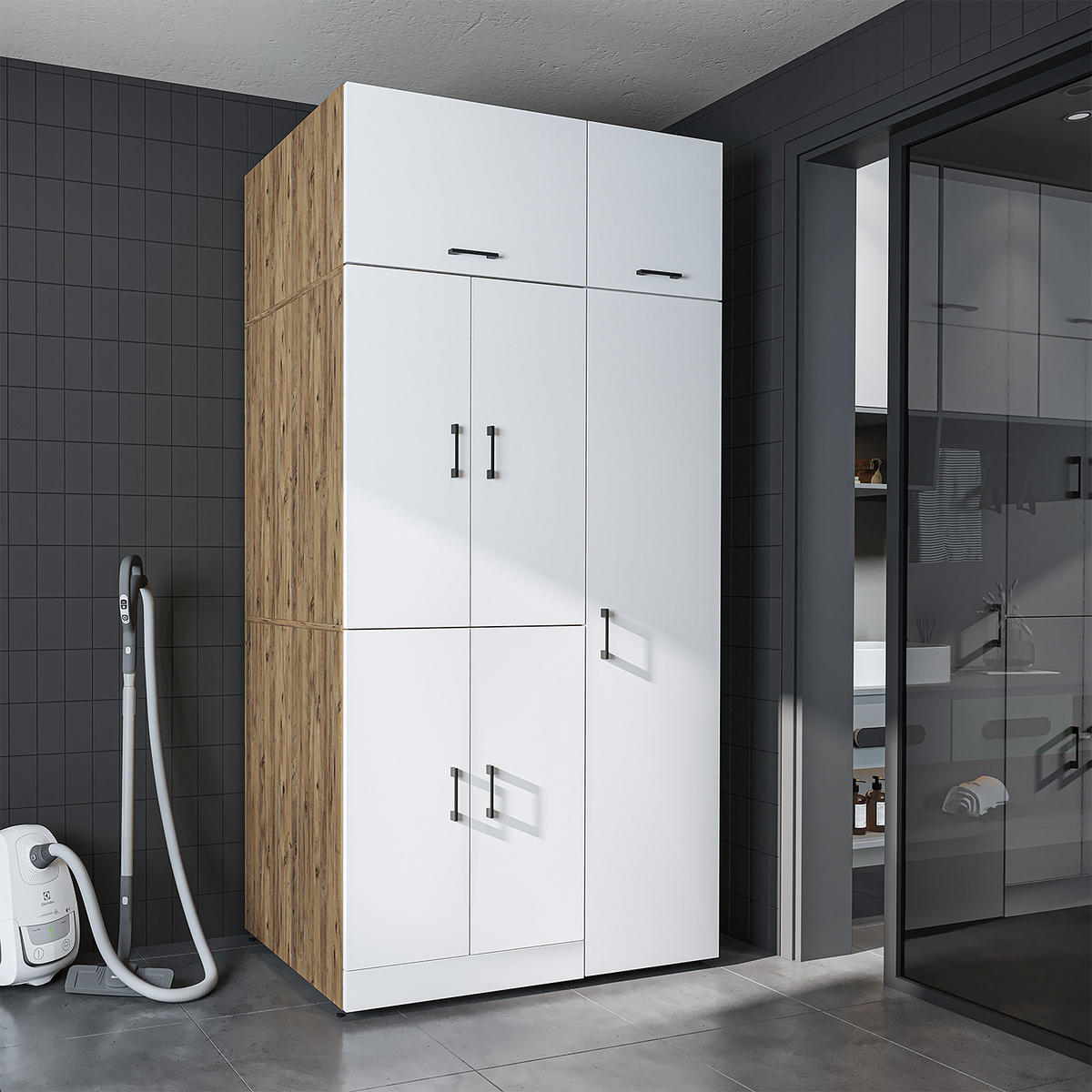 WASCHMASCHINENSCHRANK DORA-II 115cm Breit, 230cm Hoch - Eiche Bianco, Holzwerkstoff (115/230/73.8cm)