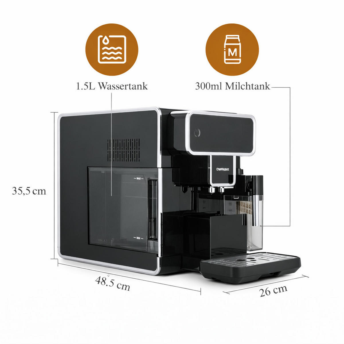 KAFFEEVOLLAUTOMAT, 4 Sorten, Touchscreen, 1,5 l, selbstreinigend - Schwarz, Kunststoff (26/35.5/48.5cm) - ChefRobot