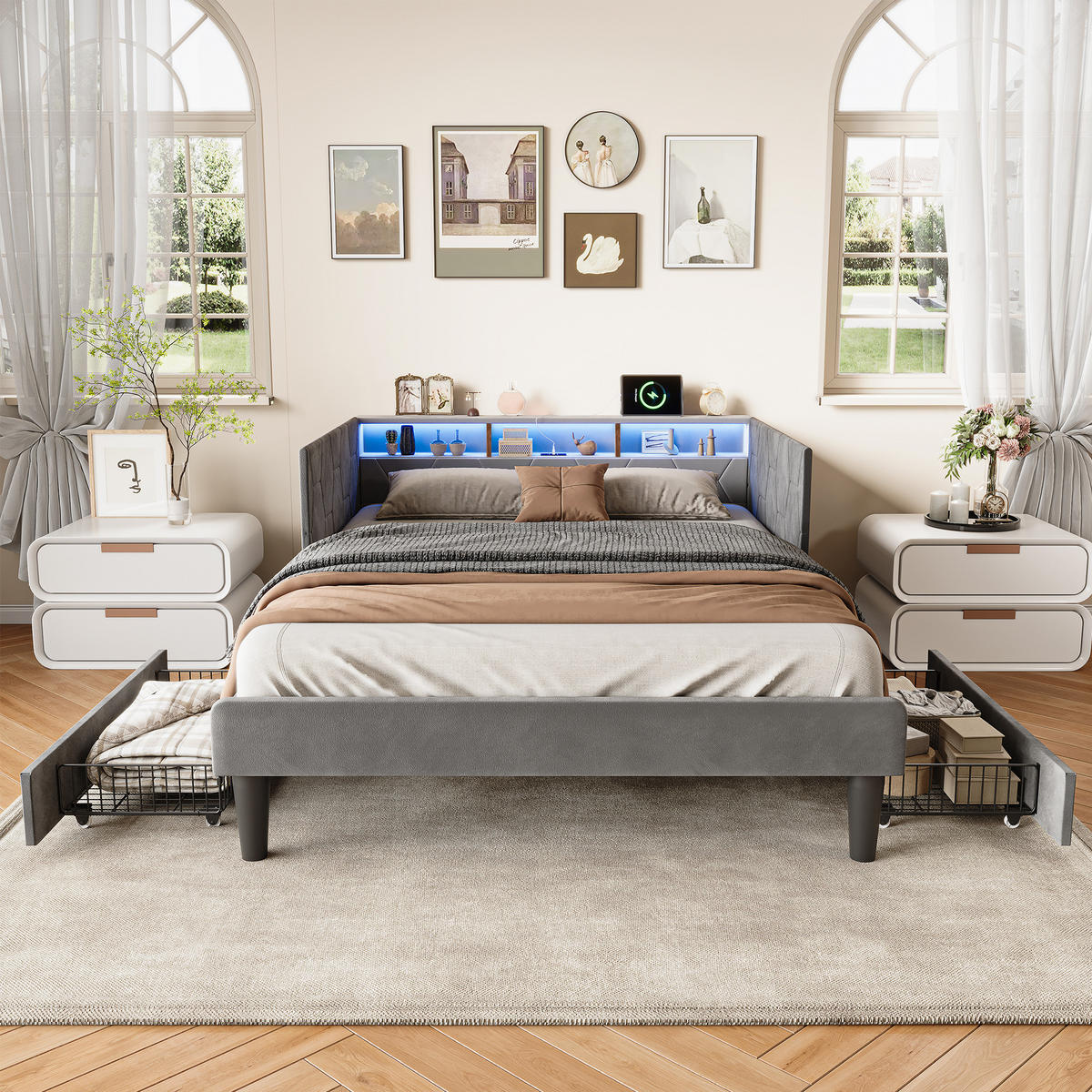 POLSTERBETT 140x200 cm, Stauraumkopf mit Ablagen, 2 Schubladen, LED und USB, Samt in Grau - Grau, Holz (140/200cm) - BRILVERDE