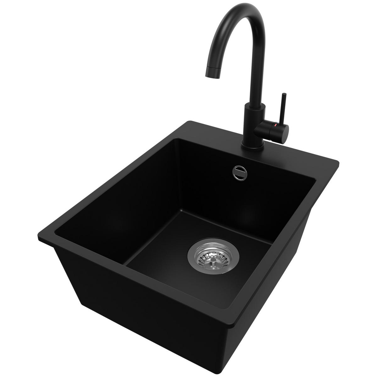 GRANITSPÜLE Riga, 2-er set Schwarz 38/50 cm 1 Becken + Küchenarmatur 32/20 cm + Ablauf-Set ab 40er Unterschrank - Chromfarben/Schwarz, Kunststoff (38/20/50cm) - Primagran