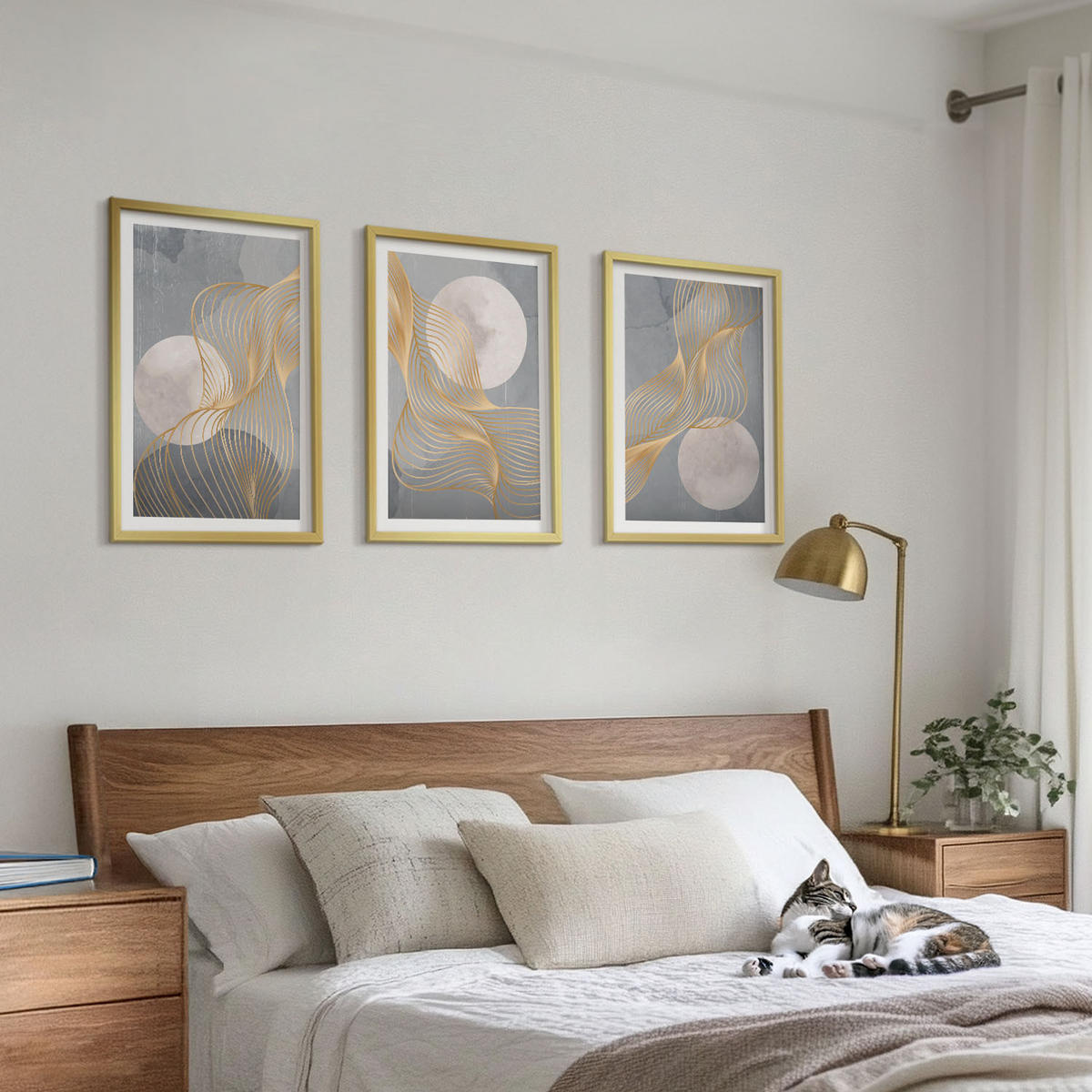 BILDER SET 3er Set - 40x60 cm Goldrahmen - Abstrakte Muster Wellen Kreise - Goldfarben, Kunststoff (40/60cm) - TULUP