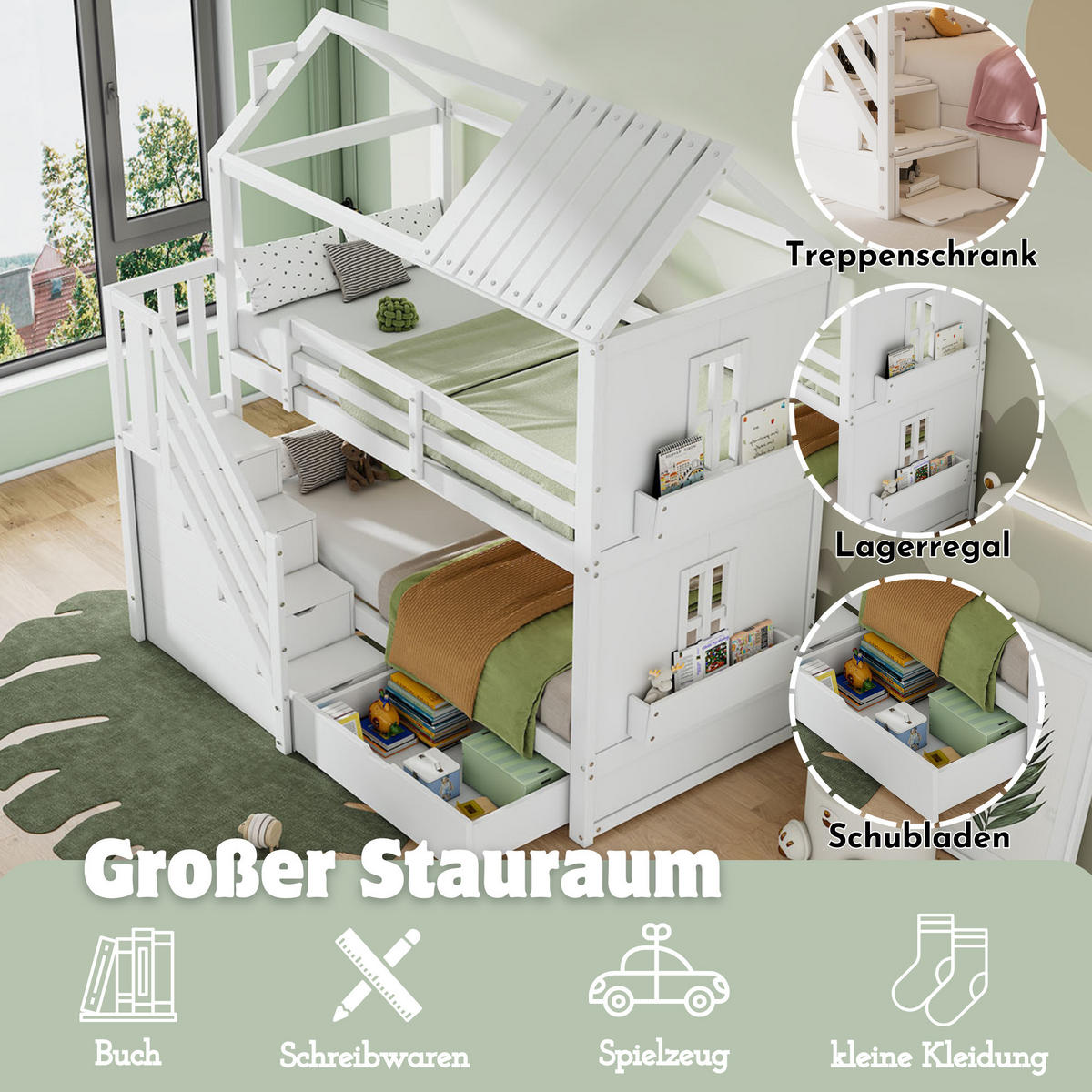 HAUSBETT 90/200 cm in Weiß mit Stauraumtreppe und Schubladen - Weiß, Holz (90/200cm) - BEAOK