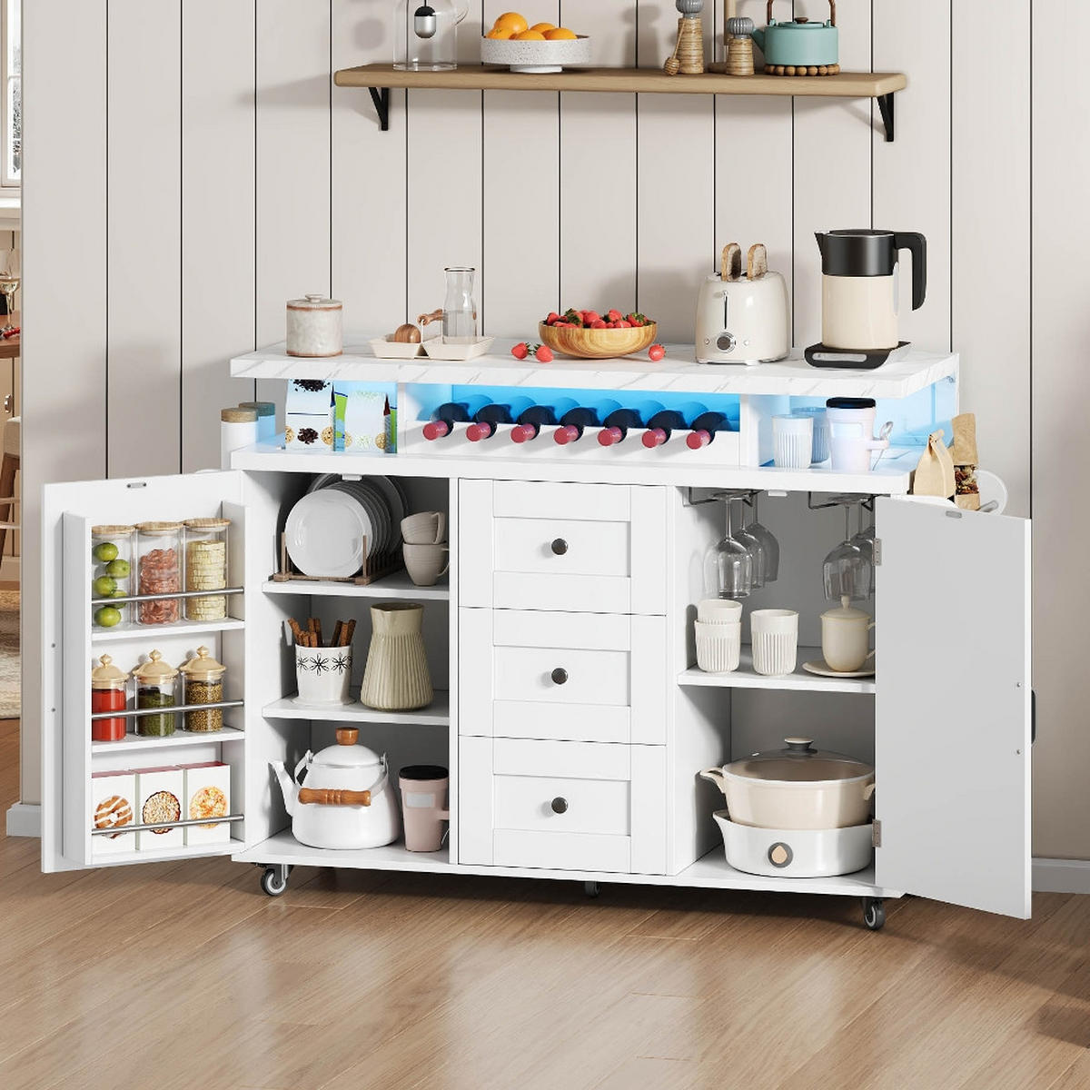 KÜCHENINSEL MIT KLAPPBARER ARBEITSPLATTE, Küchenwagen, Weingestell, MDF, 138/60/93 cm - Weiß, Kunststoff (60/93/138cm) - Rolipo