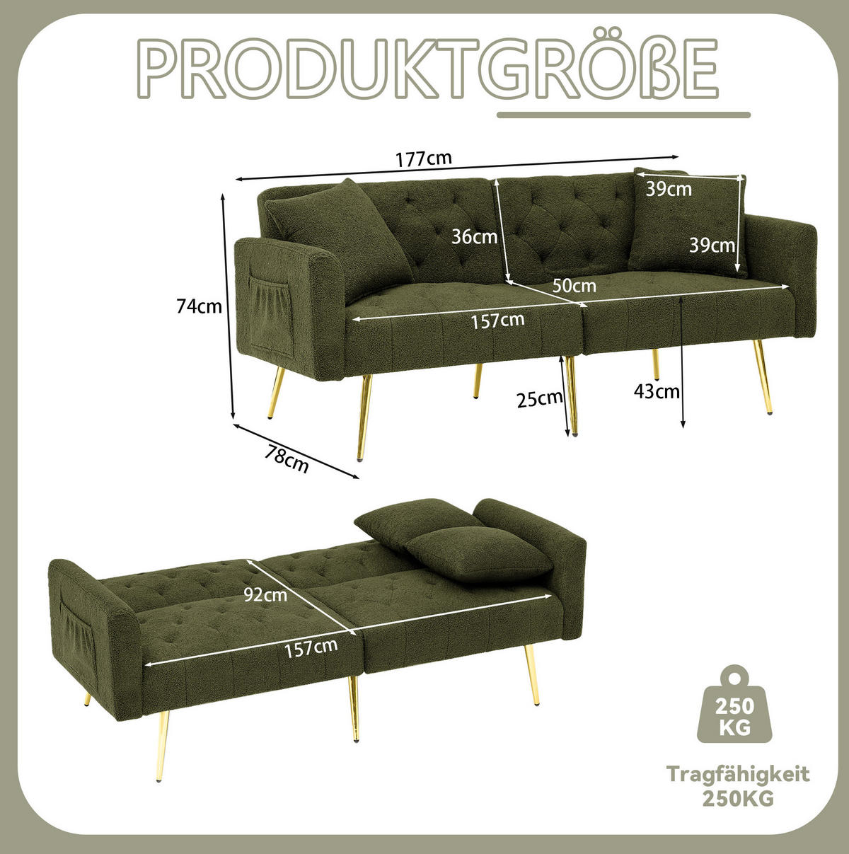 SOFA 2-Sitzer mit verstellbarer Rückenlehne, 2 Kissen, Grün - Grün, Holzwerkstoff (177/74/78cm) - Meubliv
