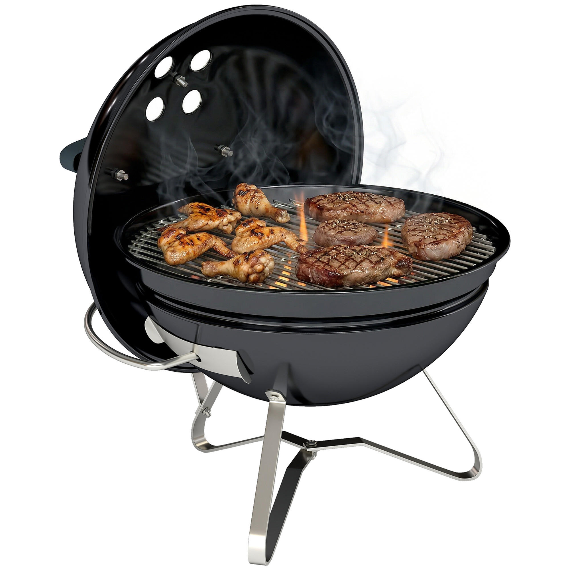 HOLZKOHLEGRILL DE-10311 tragbarer Kugelgrill mit Deckel Schwarz - Schwarz, Metall (41/44/41cm) - ComfortXL