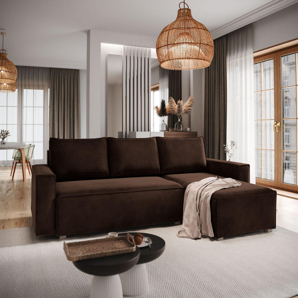 ECKSOFA SILES Braun Velours-Stoff mit Schlaffunktion - Braun, Holz (230/140cm) - MASSENO
