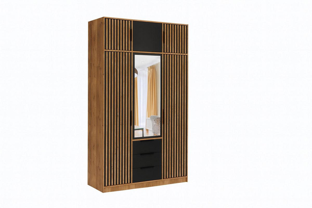 DREHTÜRENSCHRANK LABOO LUX 149/200/58 cm in Eiche Wotan / Schwarz mit Lamellen und Aufsatz - Eiche Wotan/Schwarz, Holzwerkstoff (149/245/58cm) - Deine Möbel 24