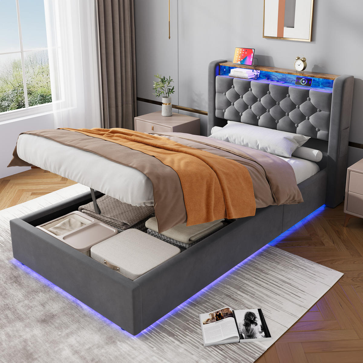POLSTERBETT 90/200 cm mit hydraulischem Bettkasten, Schubladen, Klappbares Kopfteil, LED-Beleuchtung, Grau - Grau, Textil (90/200cm) - Redom