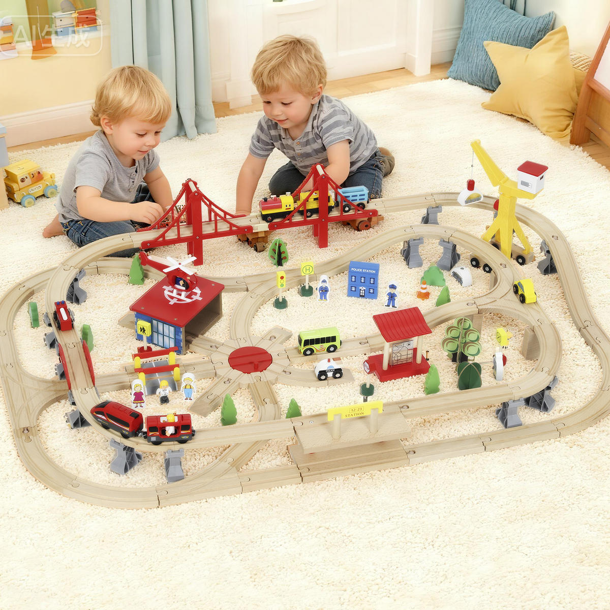 HOLZEISENBAHN-SET Buchenholz Metall Mehrfarbig - Multicolor, Holz (80/24/120cm) - AIYAPLAY