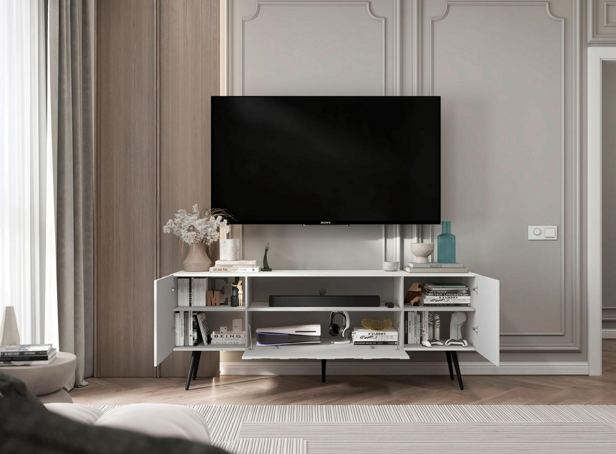 TV-SCHRANK Elpis Weiß Matt mit Metallbeine Glamour 150 cm - Schwarz/Weiß, Holzwerkstoff/Metall (150/60.5/36.5cm) - Meble Lindner