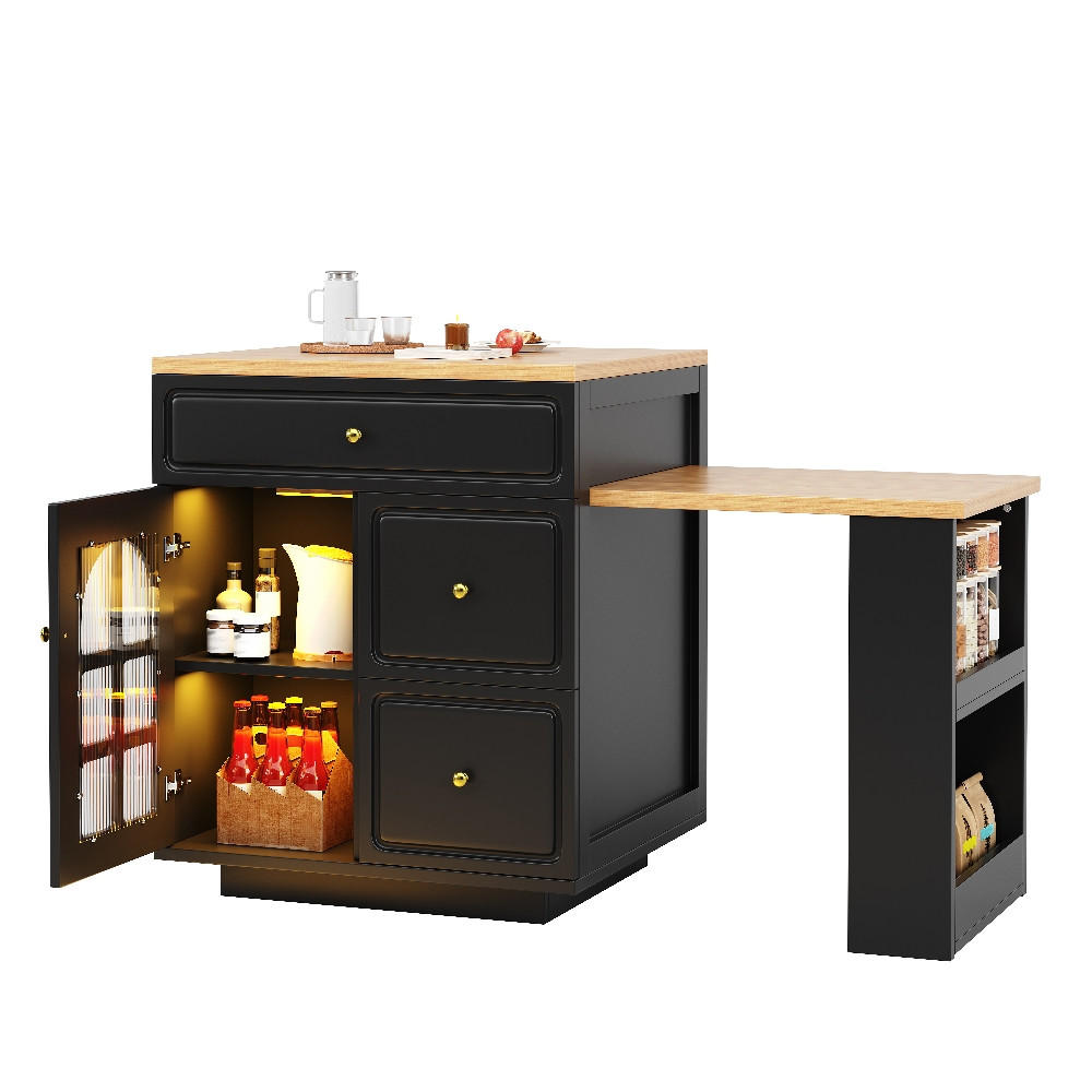 KÜCHENINSEL AUSZIEHBAR, mit Schubladen und Glasvitrine, Holzmaserung Schwarz, Esszimmer Bartresen, 122,5-195,5/59/93,5 cm - Schwarz, Kunststoff (59/93.5/122.5cm) - Rolipo