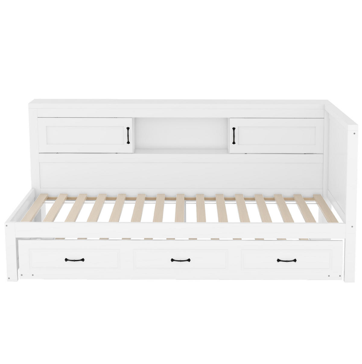 BETT 90/200 cm in Weiß mit Kopfteil, Ausziehbett, Stauraum und LED - Weiß, Holzwerkstoff (90/200cm) - BEAOK